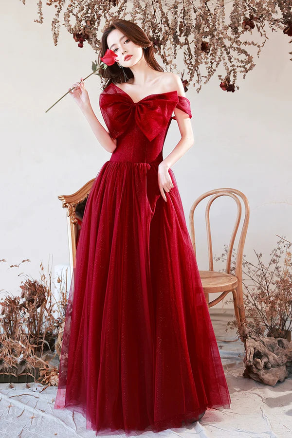 Wholesale Burgundy Tulle Long A-Line Prom Dress with Bow Burgundy Evening Graduation Dress